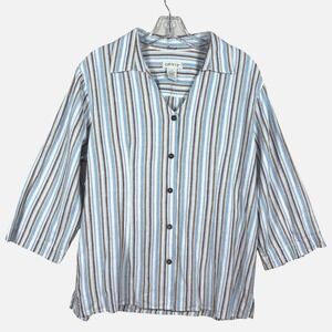 Orvis Striped Linen Blend Button Front Shirt Top Womens Medium Blue Brown White